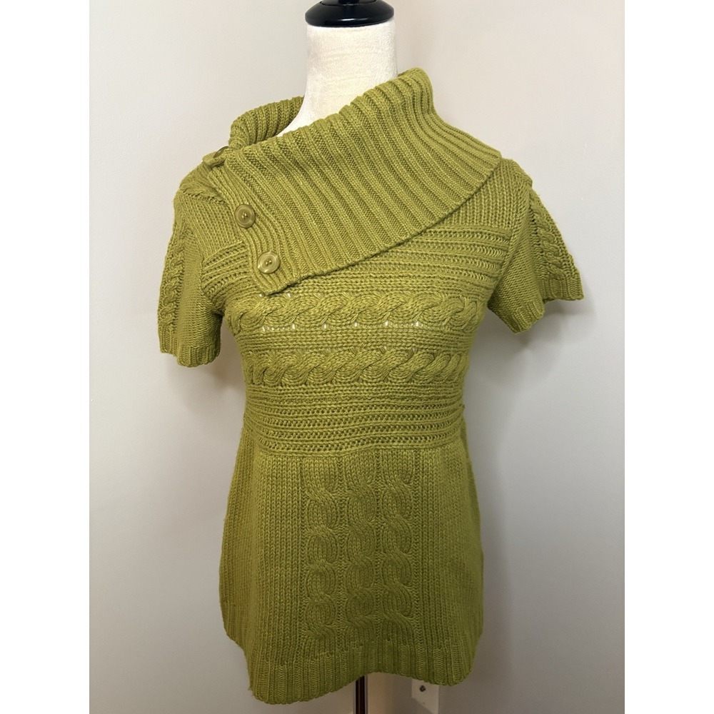 Aryeh Olive Green Cable Knit Cowl Neck Tunic Sweater Top Small Short Sleeve Y2K